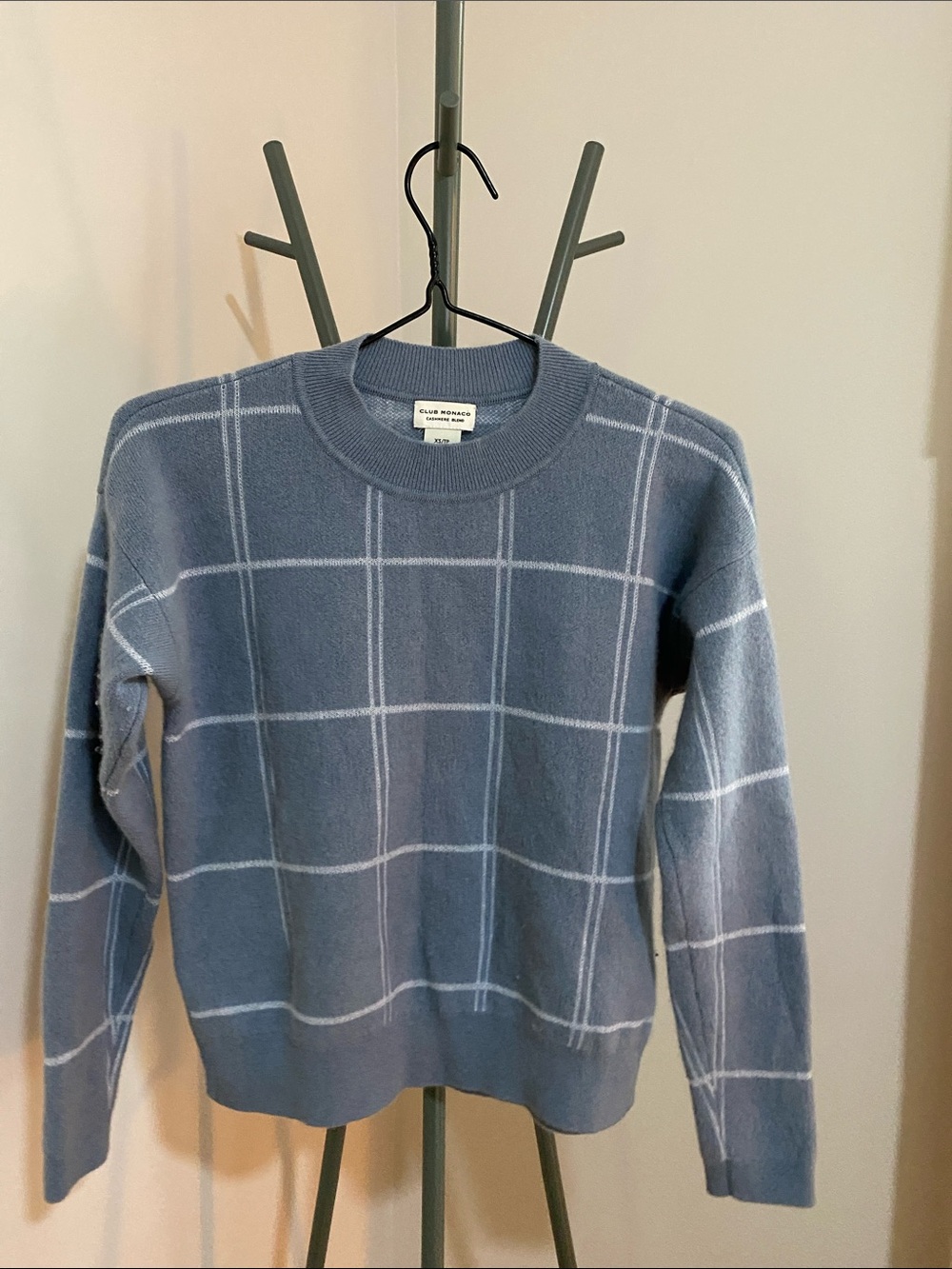 Club Monaco Slate Blue Windowpane Cashmere Silk Blend Sweater